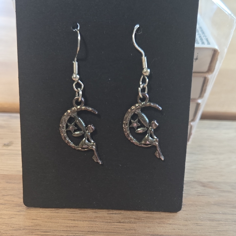 Gunmetal Gray Fairy Moon Dangle Earrings